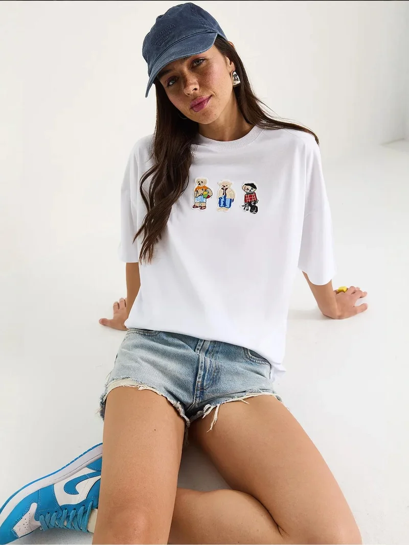 Bianco Lucci LUCCI Embroidered Crew Neck Cotton T-Shirt