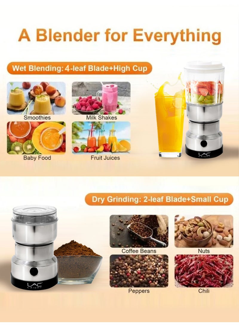 LAC LAICHY 2-in-1 Mini Blender & Coffee Grinder, Electric Food Processor with 2 Cups & Blades, 304 Stainless Steel, for Smoothies, Baby Food, Spices, Nuts - Image 2