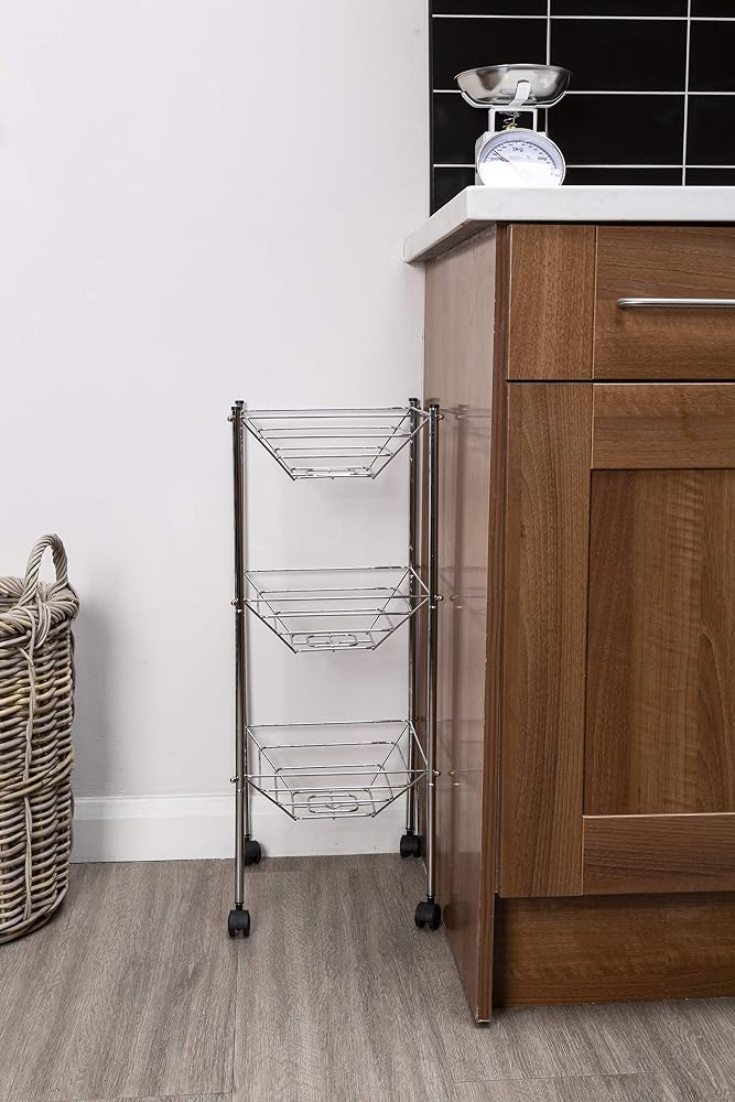 Premier Housewares Kitchen Trolley 3 Rack Kitchen Trolleys With Wheels Chrome Vegetable Trolley 4 Wheel Trolley Cart Storage Trolley 69 X 27.5 X 27.5, Silver