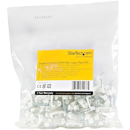 StarTech.com 100 Pack Cable Clips with Nails - Two Steel Nails - Reusable Nail-in Clamps - Brick/Drywall Cable Fasteners - Ethernet Cord/AV/Coax Cable - Mounting Cable Tacks - White - TAA (CBMDNMCC2) - Image 4
