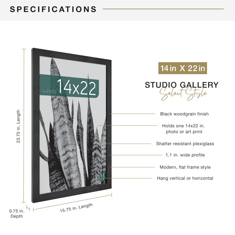 MCS Studio Gallery 14x22 Poster Frame Black Woodgrain Engineered Wood, Vertical & Horizontal Wall Hanging Large Picture Frame for Photos, Posters & Art Prints (1-Pack) - Image 4