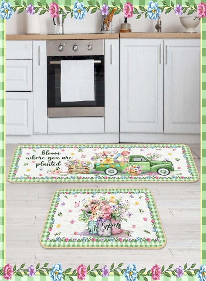 Suttmin 2 Pcs Spring Kitchen Rugs and Mats Bloom Where You are Planted Flower Jar Rugs Watercolor Mat for Spring Holiday Decor, 17 x 29 Inch, 17 x 47 Inch(Flower Truck) - Image 2