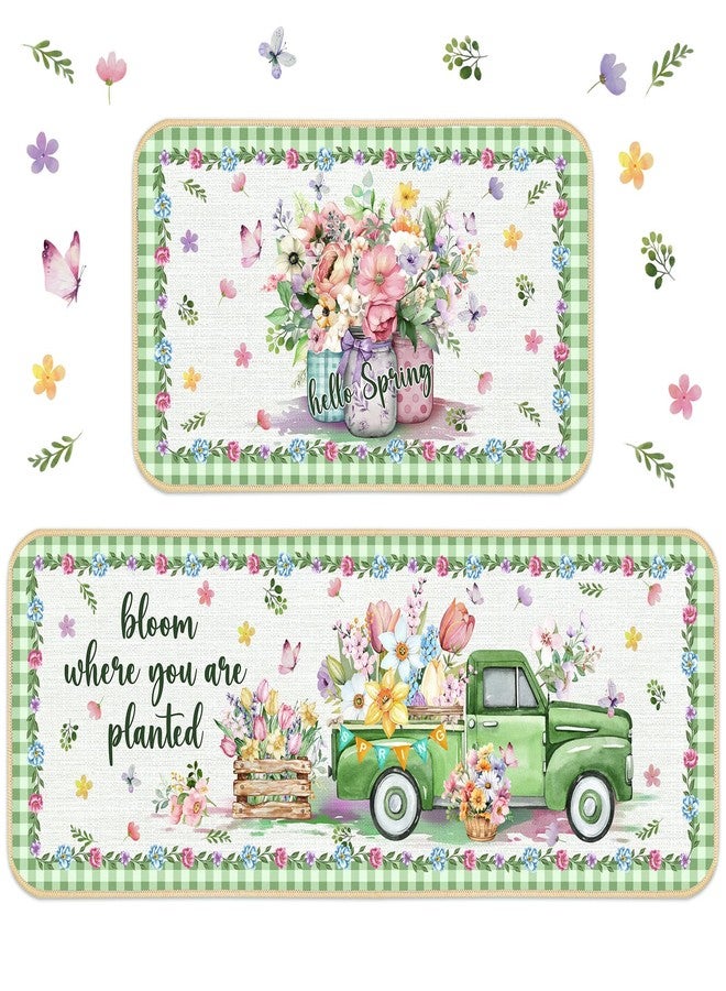 Suttmin 2 Pcs Spring Kitchen Rugs and Mats Bloom Where You are Planted Flower Jar Rugs Watercolor Mat for Spring Holiday Decor, 17 x 29 Inch, 17 x 47 Inch(Flower Truck) - Image 1