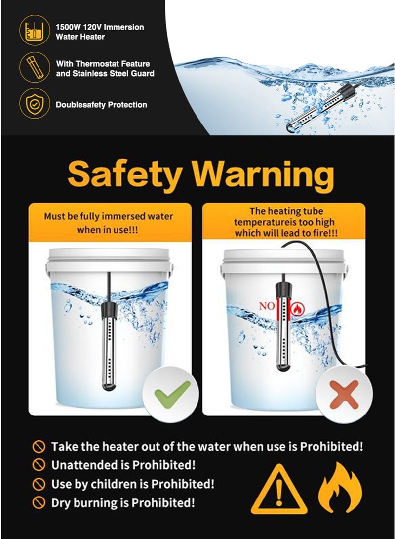 Sisily Immersion Water Heater, 1500W 220V with Timer Auto Shut Off, Digital Thermostat & 304 Stainless Steel Guard, Double Safety Protection Submersible Heater for Bucket, Bathtub, Small Pool (Not for Thermos/Water Kettle) - Image 2