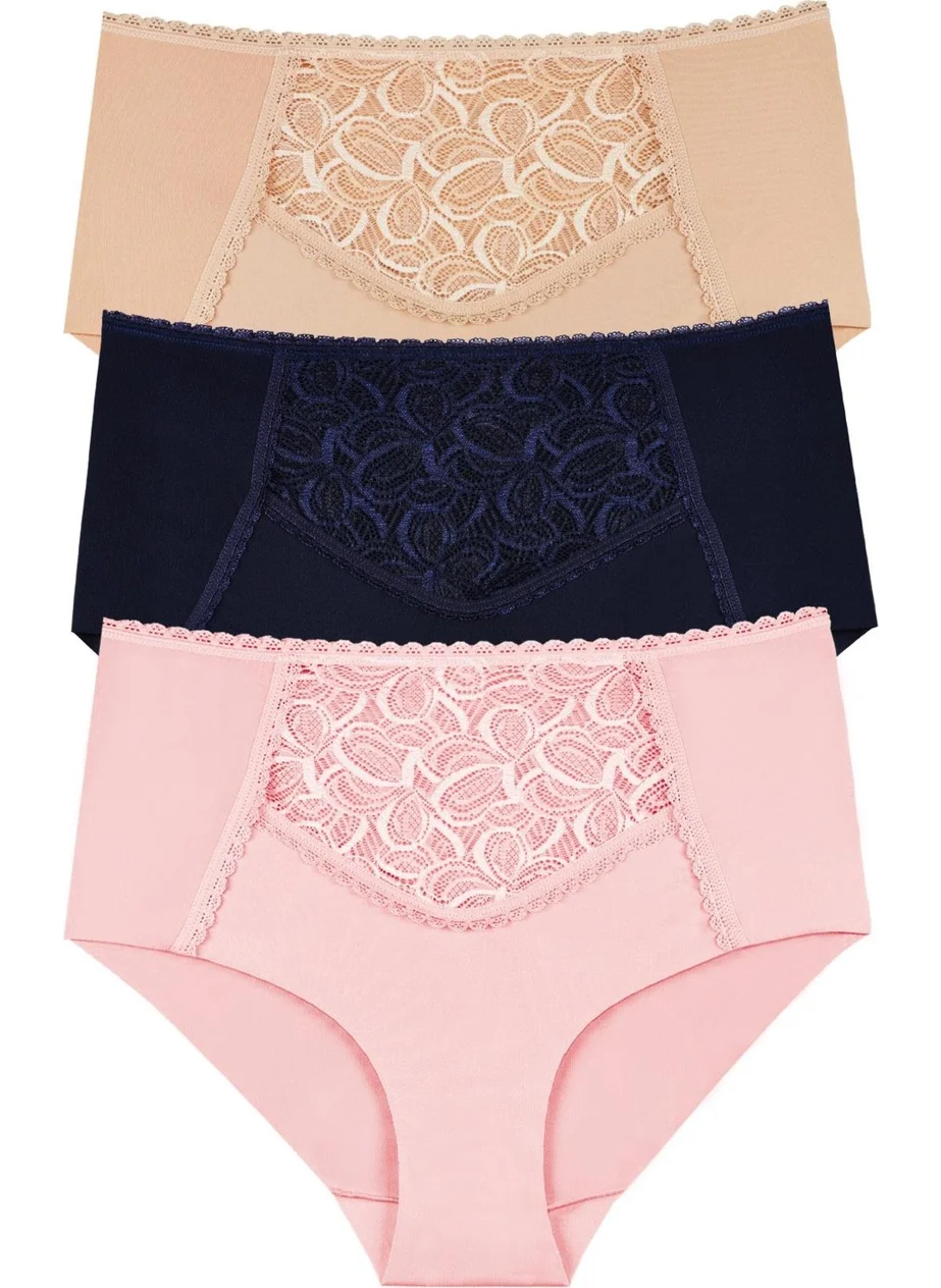 Sensu Women's Laser Cut High Waist Lace Detail 3-Piece Panties Set - Kts3102