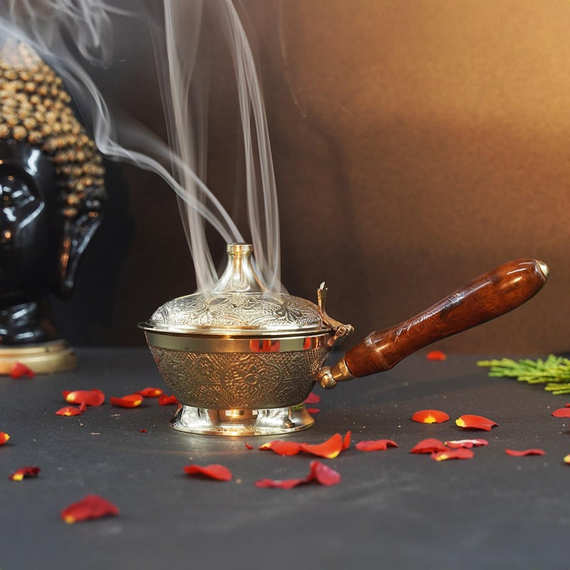 Puja N Pujari Puja N Pujari Aarti Sambrani Stand Loban Dhoop Burner Brass with Wooden Holder 