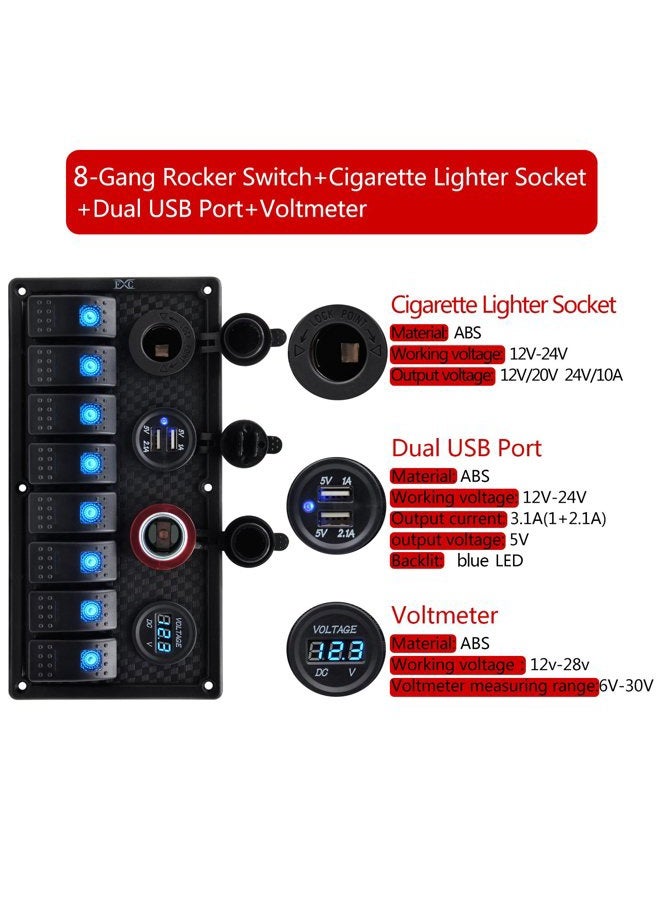 FXC Waterproof Marine Boat Rocker Switch Panel 8 Gang with Dual USB Slot Socket + Cigarette Lighter and adapter + Digital Voltage Display LED Light for Car Rv Vehicles Truck (8 Gang Red Light) - Image 3