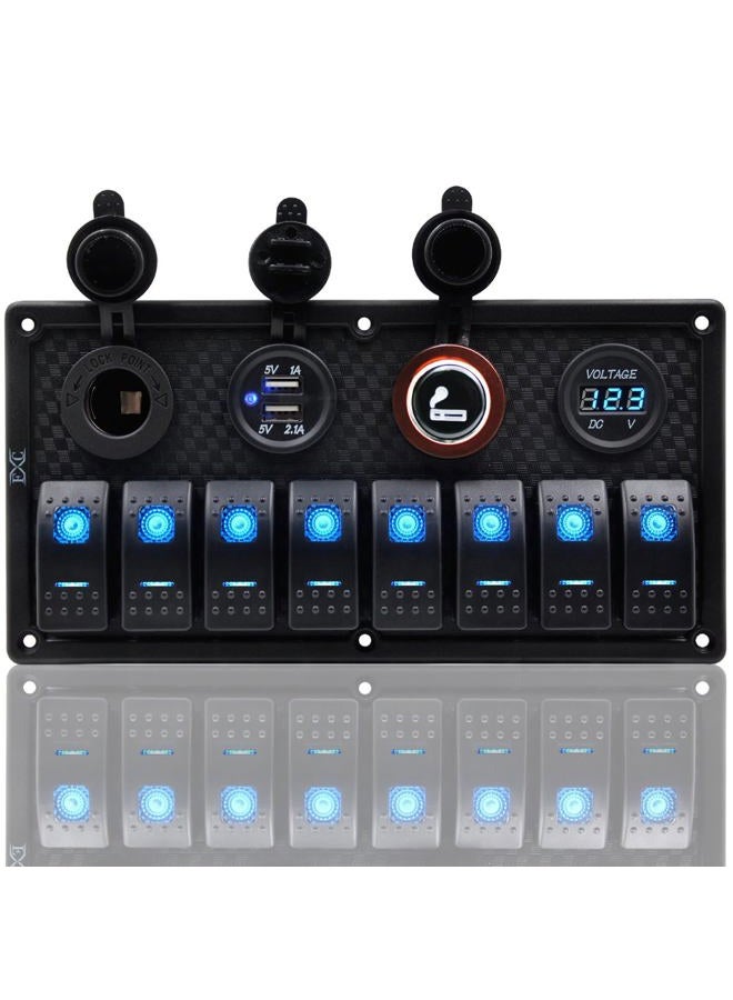 FXC Waterproof Marine Boat Rocker Switch Panel 8 Gang with Dual USB Slot Socket + Cigarette Lighter and adapter + Digital Voltage Display LED Light for Car Rv Vehicles Truck (8 Gang Red Light) - Image 1