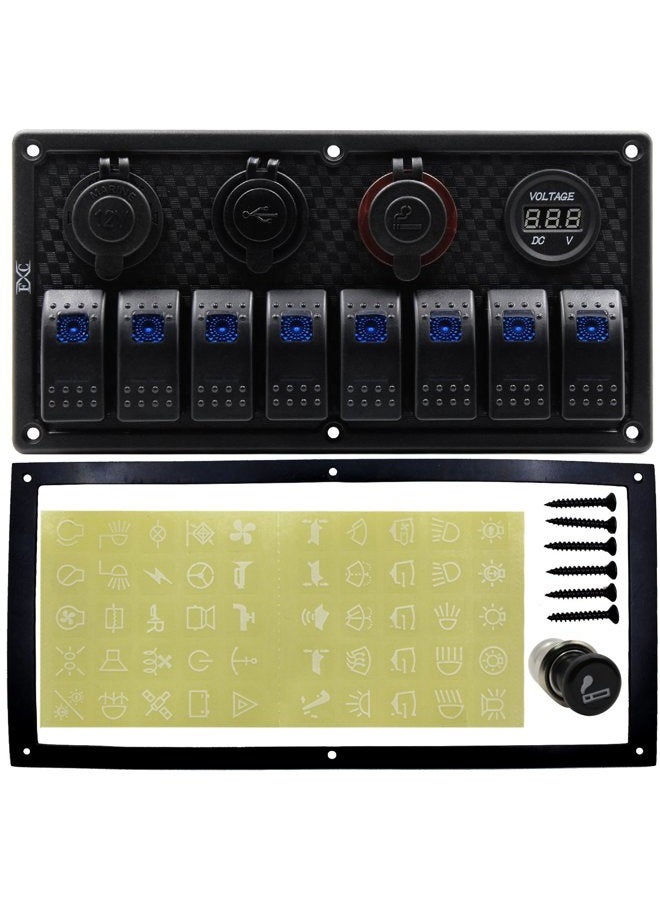 FXC Waterproof Marine Boat Rocker Switch Panel 8 Gang with Dual USB Slot Socket + Cigarette Lighter and adapter + Digital Voltage Display LED Light for Car Rv Vehicles Truck (8 Gang Red Light) - Image 2