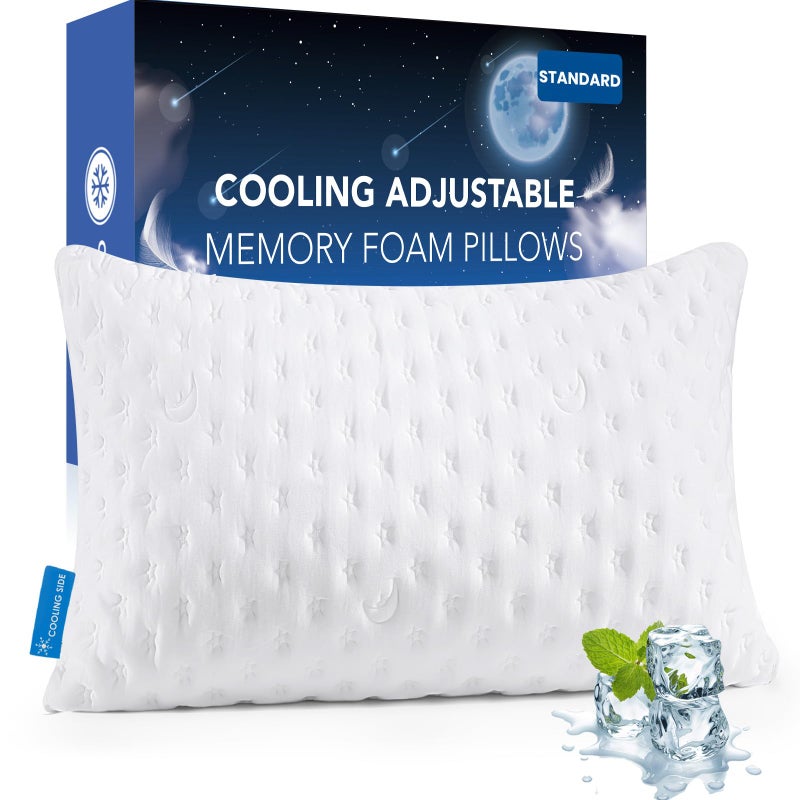 KUCEY Cooling Side Sleeper Pillow for Neck and Shoulder Pain, Luxury Shredded Memory Foam Curved Bed Pillows for Sleeping Set of 1- Adjustable Queen Size- Washable Cover Original White - Image 1