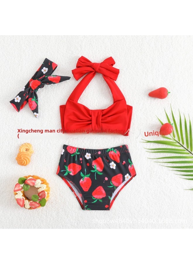 Generic Strawberry Printed Girls' Swimsuit Baby And Toddler Red Sling 3-piece Swimsuit Split Bow Swimming-Color:Red-Size:100  - Image 1