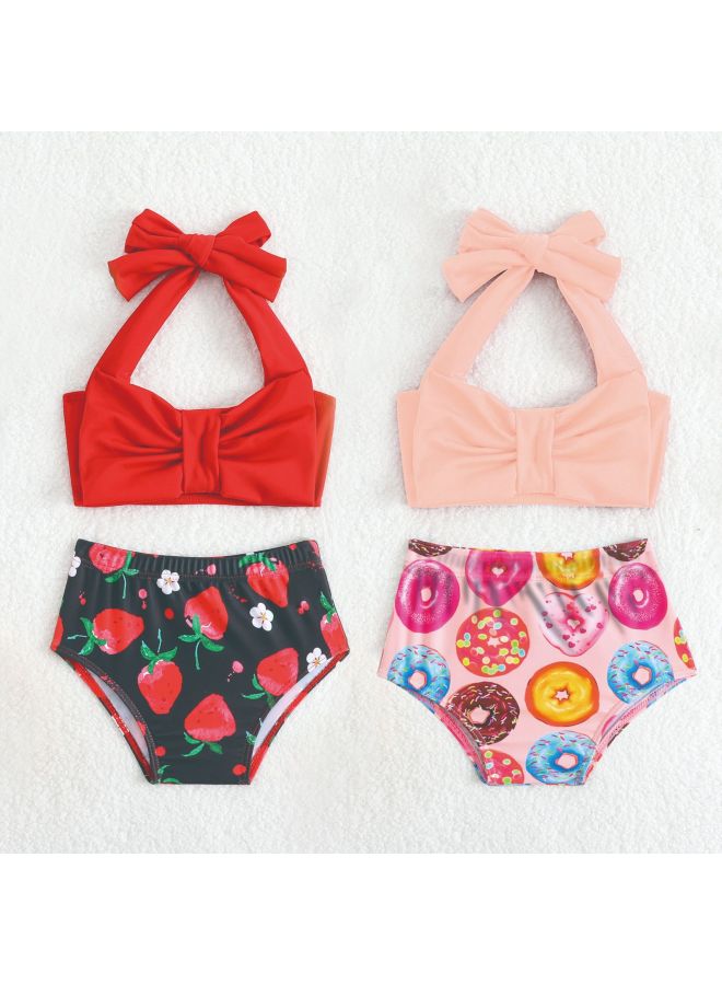Generic Strawberry Printed Girls' Swimsuit Baby And Toddler Red Sling 3-piece Swimsuit Split Bow Swimming-Color:Red-Size:100  - Image 2