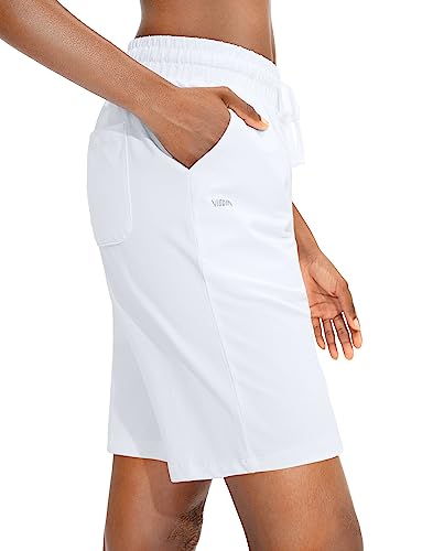 Viodia Women's Bermuda 10" Long Shorts with Pockets Cotton Sweat Lounge Shorts for Women Jersey Athletic Knee Length Shorts for Summer White - Image 2