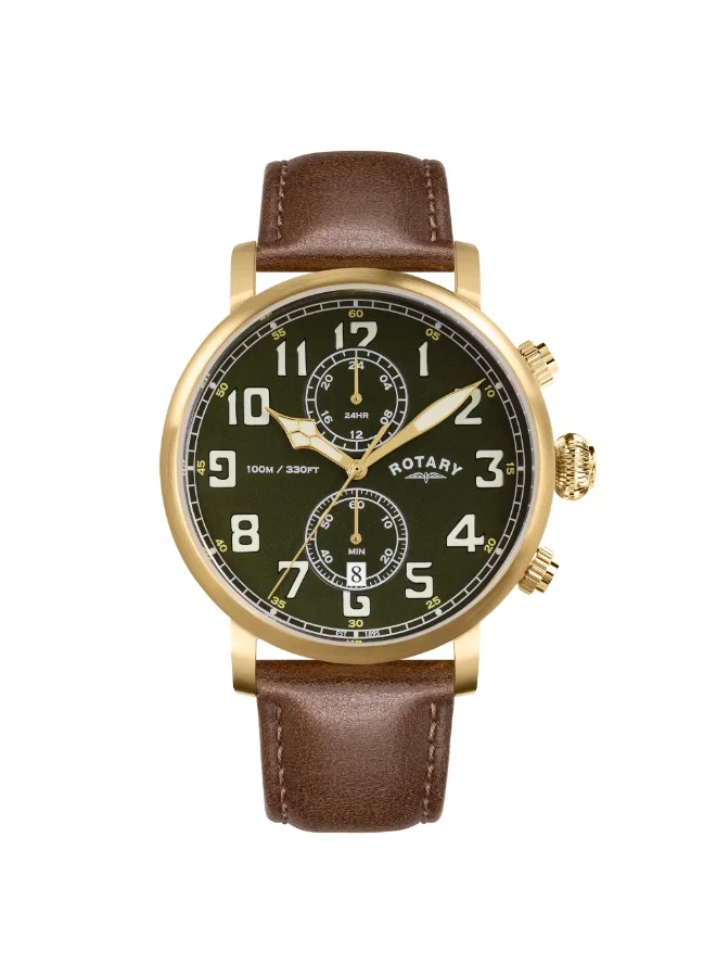 ROTARY Rotary Men's Heritage Pilot 100M Water Resistance Gold Stainless Steel Brown Leather Strap Watch - RGS10002/24