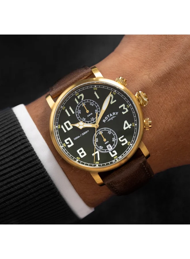 Rotary  Rotary Men's Heritage Pilot 100M Water Resistance Gold Stainless Steel Brown Leather Strap Watch - RGS10002/24 for Men | Best Price UAE