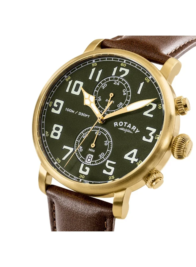 ROTARY Rotary Men's Heritage Pilot 100M Water Resistance Gold Stainless Steel Brown Leather Strap Watch - RGS10002/24