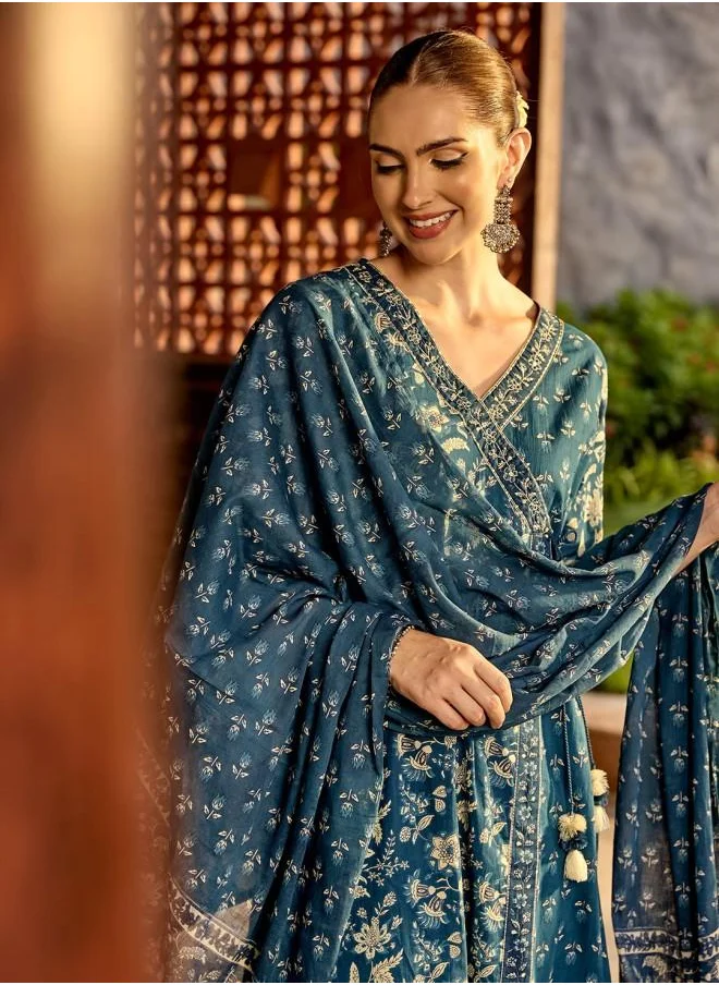 ISHIN Three-Fourth Sleeve Women Blue Cotton Kurta Set with Embroidered pattern Tunic and Palazzo features a Round neckline and Three-Fourth Sleeve secured with Elastic closure and styled in Straight Fit ideal for Festive moments — designed to make heads turn.