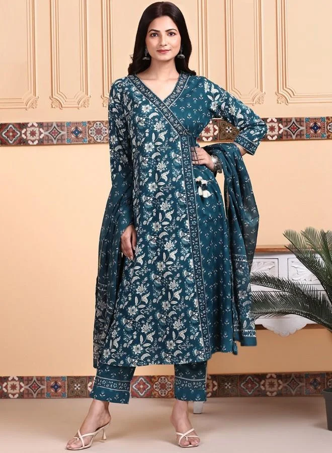 ISHIN Women's Blue 100% Cotton Embroidered Tunic Full Length Palazzo Straight Fit Kurta Set