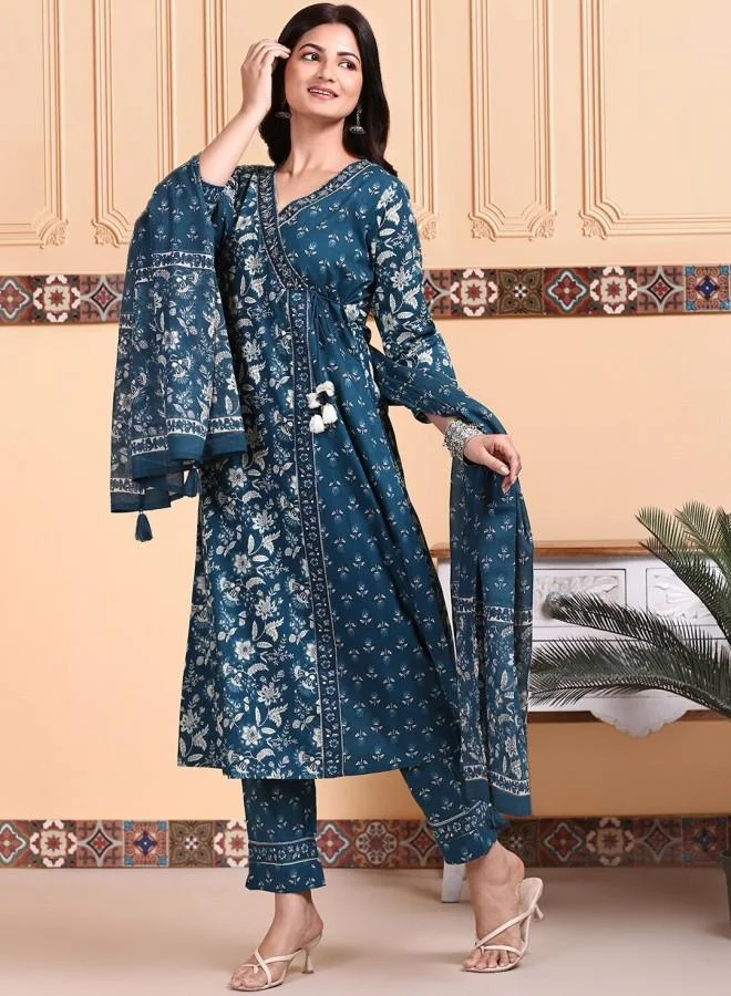 ISHIN Women's Blue 100% Cotton Embroidered Tunic Full Length Palazzo Straight Fit Kurta Set