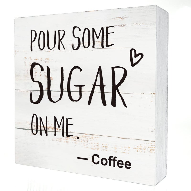 HDKY Coffee Wood Box Sign Kitchen Home Decor, Rustic Funny Pour Some Sugar on Me Wooden Box Sign Block Plaque for Wall Tabletop Desk Decoration Coffee Lover Gift - Image 1