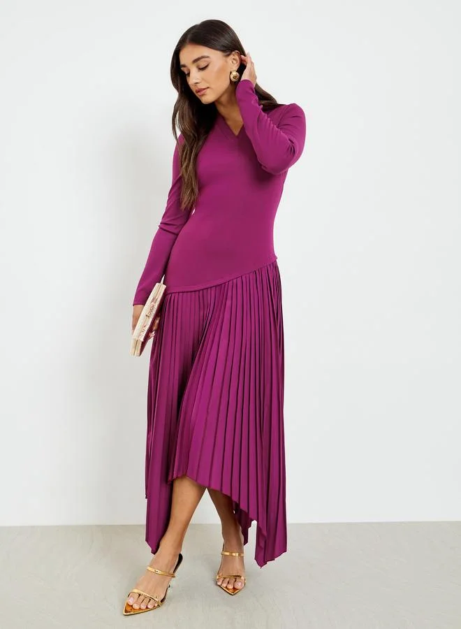 Styli Burgundy Pleated Asymmetric Hem Maxi Dress