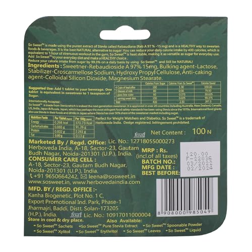 So Sweet Stevia Tablets Sugar Free Natural Zero Calorie Sweetener 100 Tablets - Image 2
