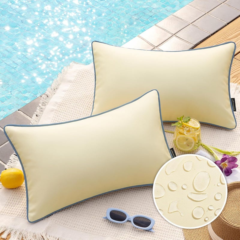 Phantoscope Pack of 2 Outdoor Waterproof Throw Pillow Covers with Contrast Piping, Decorative Square Cushion Case Patio Pillows for Couch Tent, Butter Yellow 12x20 inches - Image 1