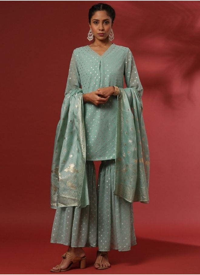 Abhishti Foil print 3pc short kurta, sharara set-mint  - Image 1
