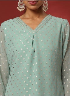 Abhishti Foil print 3pc short kurta, sharara set-mint  - Image 2