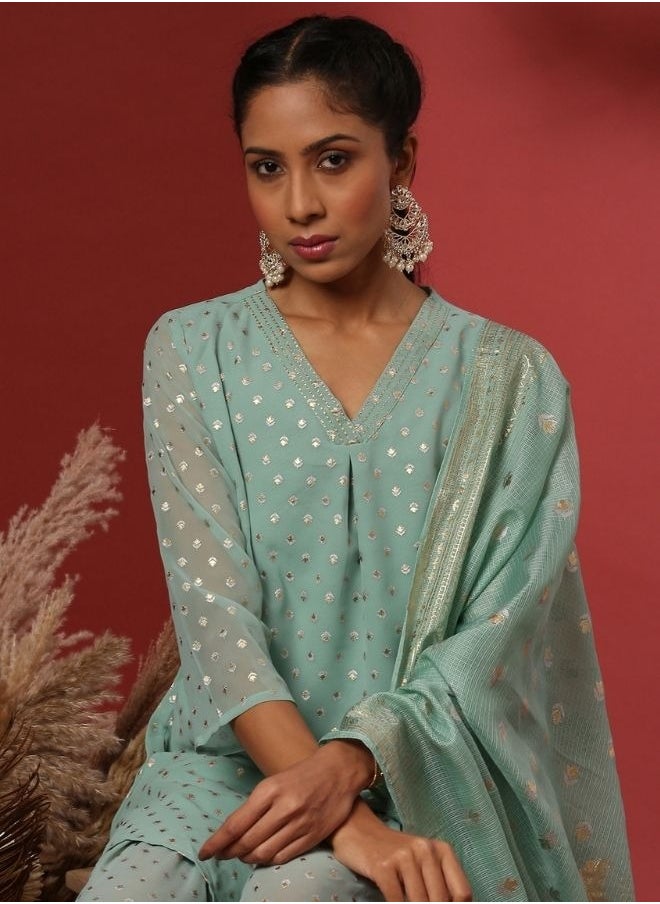 Abhishti Foil print 3pc short kurta, sharara set-mint  - Image 3
