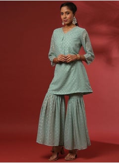 Abhishti Foil print 3pc short kurta, sharara set-mint  - Image 4