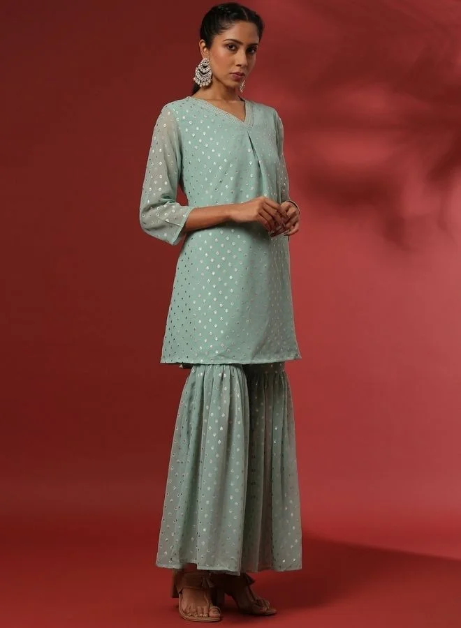 Abhishti Foil print 3pc short kurta, sharara set-mint