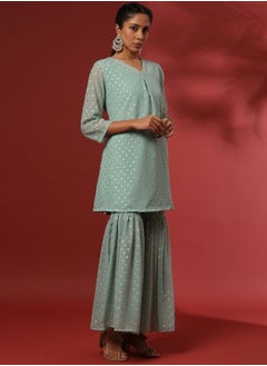 Abhishti Foil print 3pc short kurta, sharara set-mint  - Image 5
