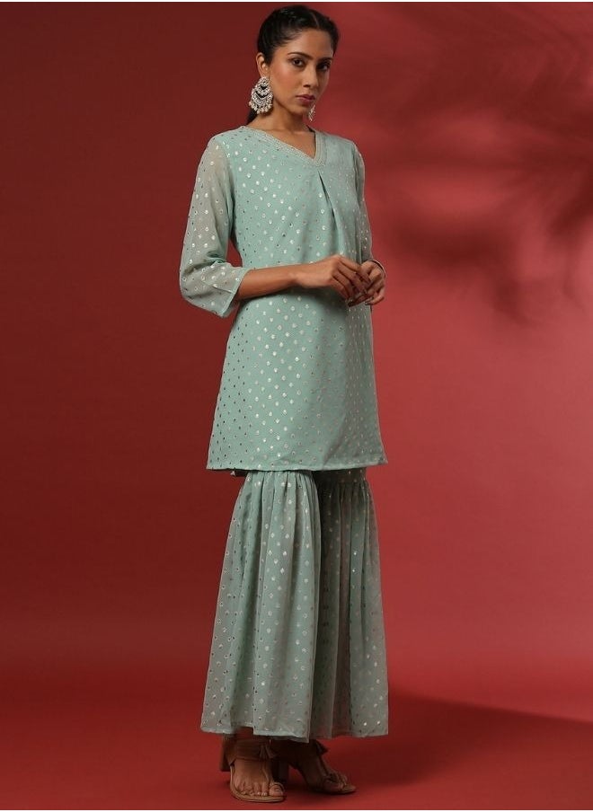 Abhishti Foil print 3pc short kurta, sharara set-mint  - Image 5