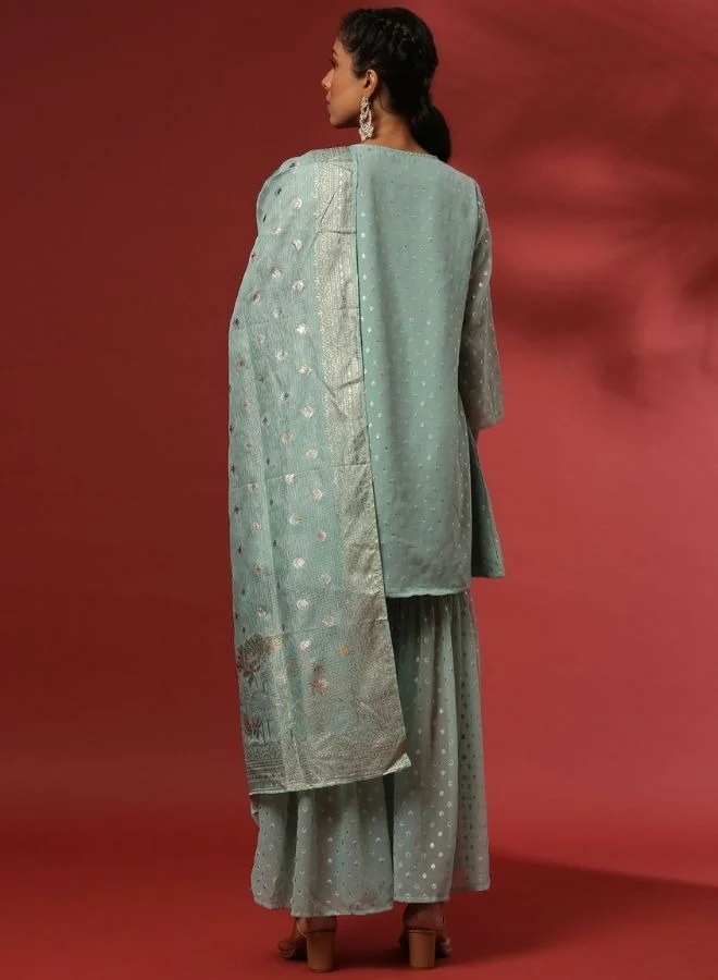 Abhishti Foil print 3pc short kurta, sharara set-mint