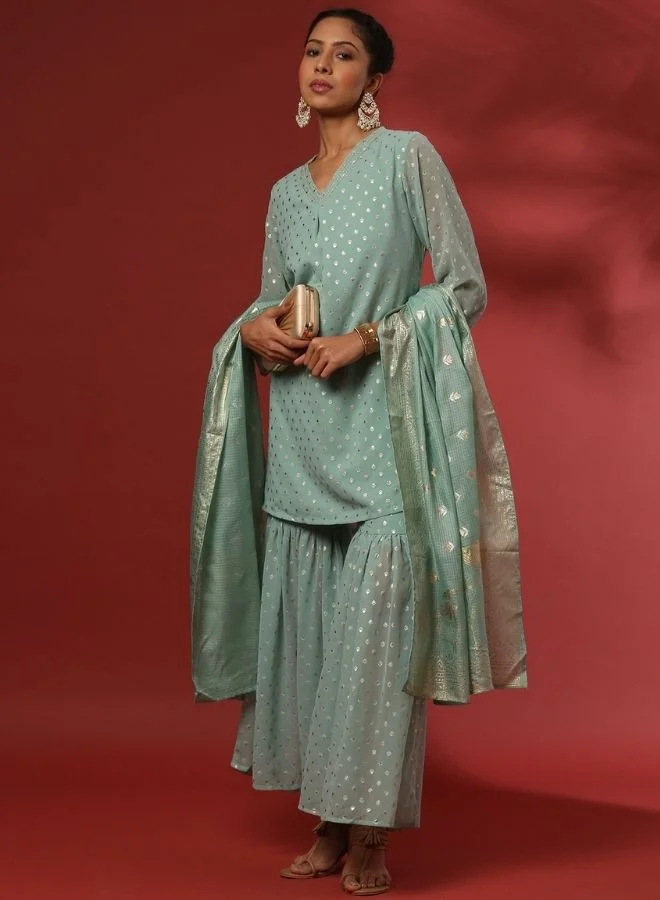 Abhishti Foil print 3pc short kurta, sharara set-mint