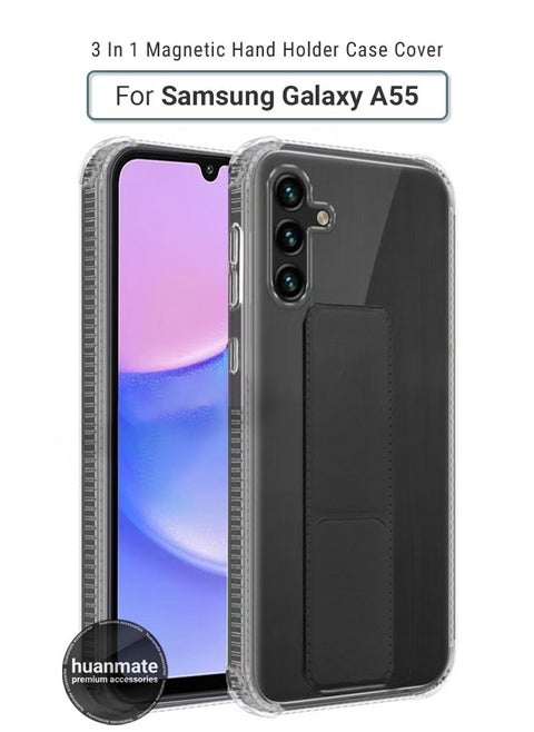 Samsung Galaxy A55 Magnetic Case With Hand Grip Holder & Kickstand - Strong Grip for Magnetic Car Holder, Stylish & Functional, Ultimate Convenience & Hands-Free Viewing - Clear/Black