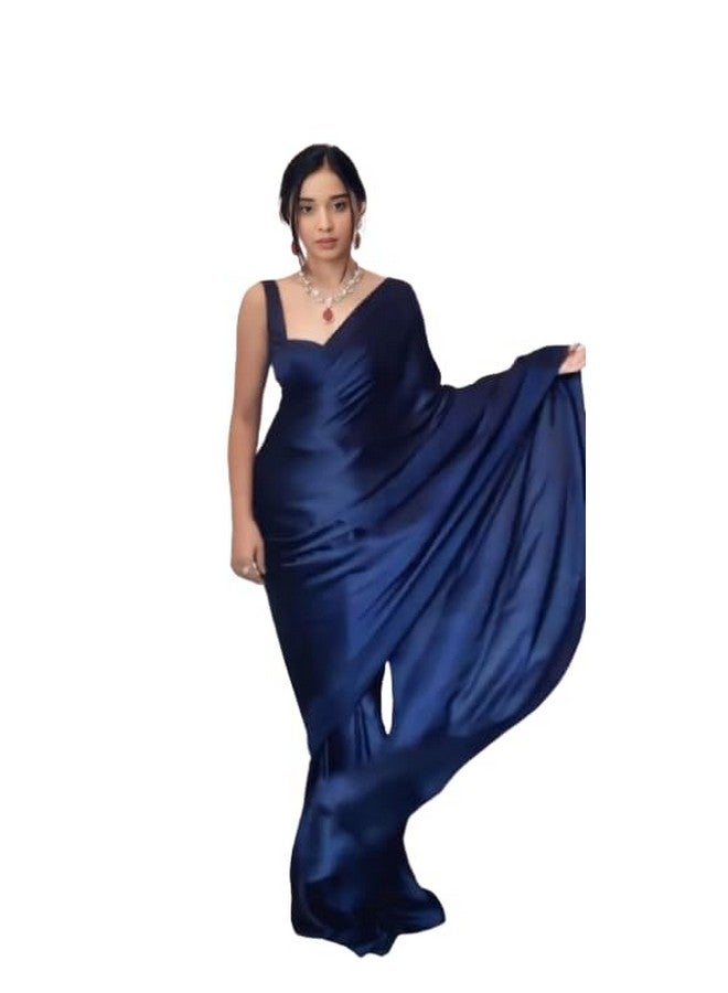 Dharmik Fashion Womens Italian Silk Solid Readymade Party Wedding Bollywood One minute Sarees Navy Blue Color - Image 1