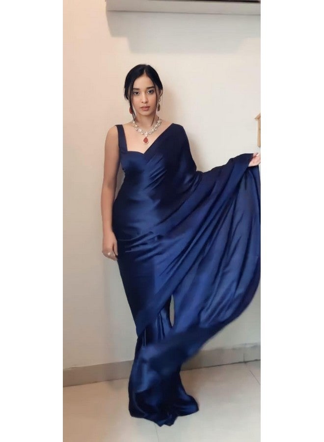 Dharmik Fashion Womens Italian Silk Solid Readymade Party Wedding Bollywood One minute Sarees Navy Blue Color - Image 2