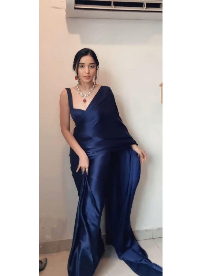 Dharmik Fashion Womens Italian Silk Solid Readymade Party Wedding Bollywood One minute Sarees Navy Blue Color - Image 4