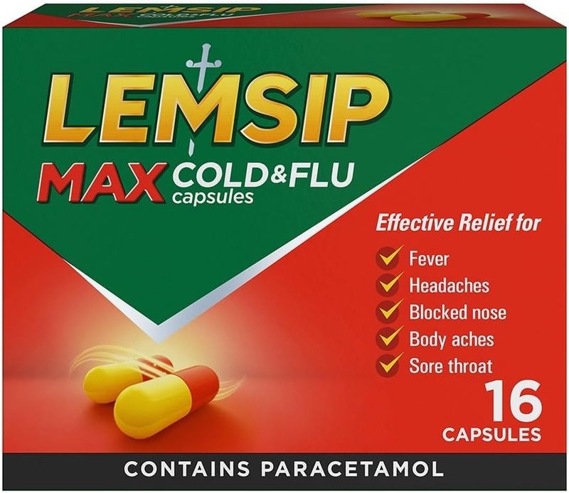 Lemsip Max Cold and Flu Paracetamol Capsules Lemon 16 Total Fever Headache Nasal Congestion Relief Max Strength Effective Relief Medication - Image 1