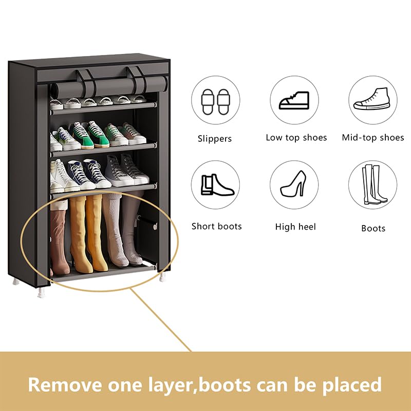 Calmootey 5 Tier Shoe Rack Organizer,Portable Shoe Shelf with Nonwoven Fabric Cover for Closet Hallway,Bedroom,Entryway,Grey - Image 5