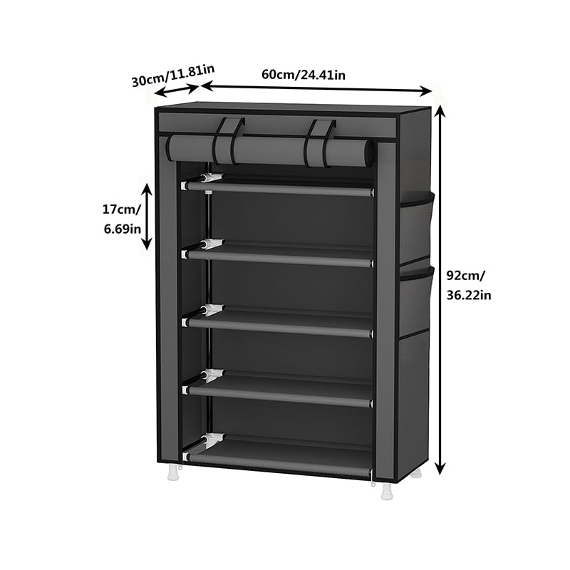 Calmootey 5 Tier Shoe Rack Organizer,Portable Shoe Shelf with Nonwoven Fabric Cover for Closet Hallway,Bedroom,Entryway,Grey - Image 4