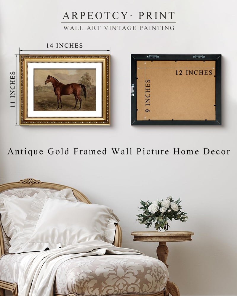 ARPEOTCY Vintage Gold Framed Horse Wall Art, Bedroom Bathroom Living Room Classic Horse Picture Wall Decor, Canvas Prints, Antique Picture Frame Rustic Paintings Home Farmhouse Decor, 11x14 Inch - Image 2