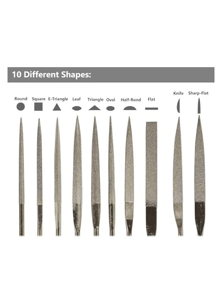 PROMASS 10-Piece Mini Diamond Needle File Set 2x100mm Small Metal Riffler Files Jewelers File Precision Hand Tools for Glass Wood Stone Jewelry - Round Triangular Square Flat Shape  - Image 4