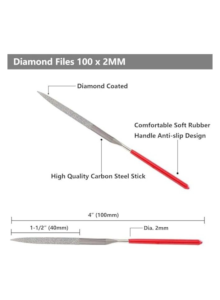 PROMASS 10-Piece Mini Diamond Needle File Set 2x100mm Small Metal Riffler Files Jewelers File Precision Hand Tools for Glass Wood Stone Jewelry - Round Triangular Square Flat Shape  - Image 5