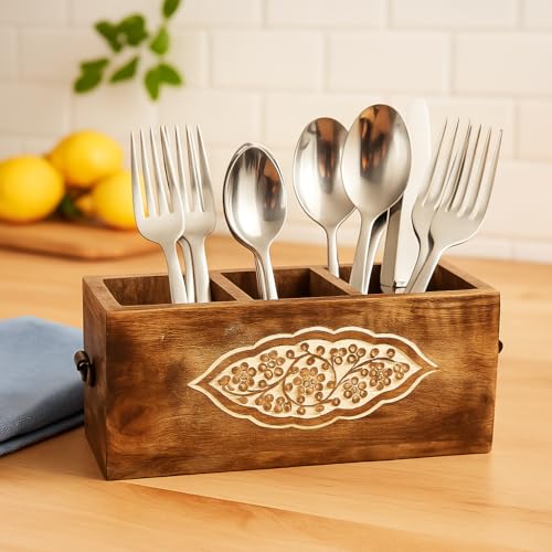 CRAFTYKART Wooden Spoon Holder: A Stylish and Functional Cutlery Stand and Utensil Organizer for Kitchen and Dining Table Spoon Stand for Kitchen| 12 X 4 X 5 Inch (Carved Cutlery) - Image 1