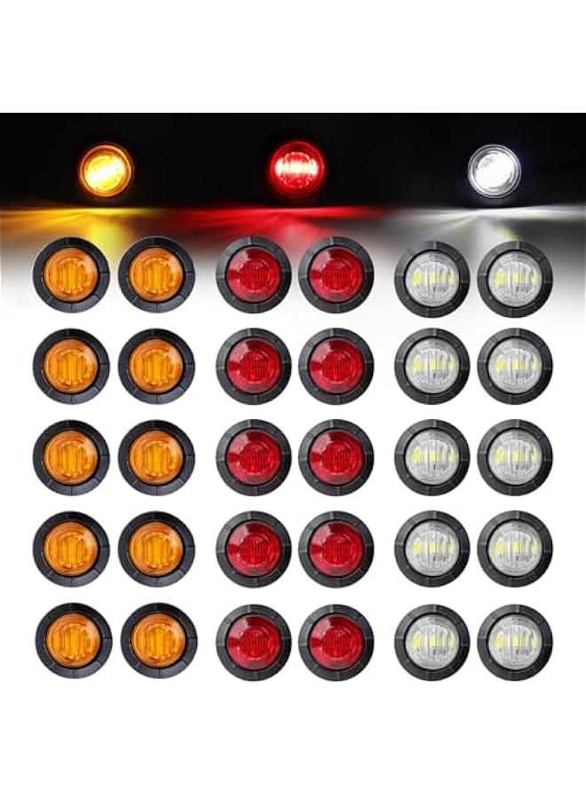 Generic 30 Pcs 3/4 Inch Round 10 Amber + 10 Red + 10 White Clearance Signal Lights Sealed Bulbs for Trailer Caravan Truck Lorry Mini Side Marker Lamp 12V DC 3LED - Image 1