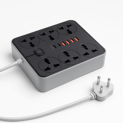 NOJTI Extension Board, Power Strip with 6 USB Ports and 3 Universal Socket, 2500W 10A Extension Cord, 3-Pin Surge Protector Power Strip for Home, Office, Computer, Mobile Charging (Black-Z67) - Image 1