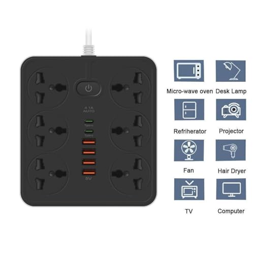 NOJTI Extension Board, Power Strip with 6 USB Ports and 3 Universal Socket, 2500W 10A Extension Cord, 3-Pin Surge Protector Power Strip for Home, Office, Computer, Mobile Charging (Black-Z67) - Image 5